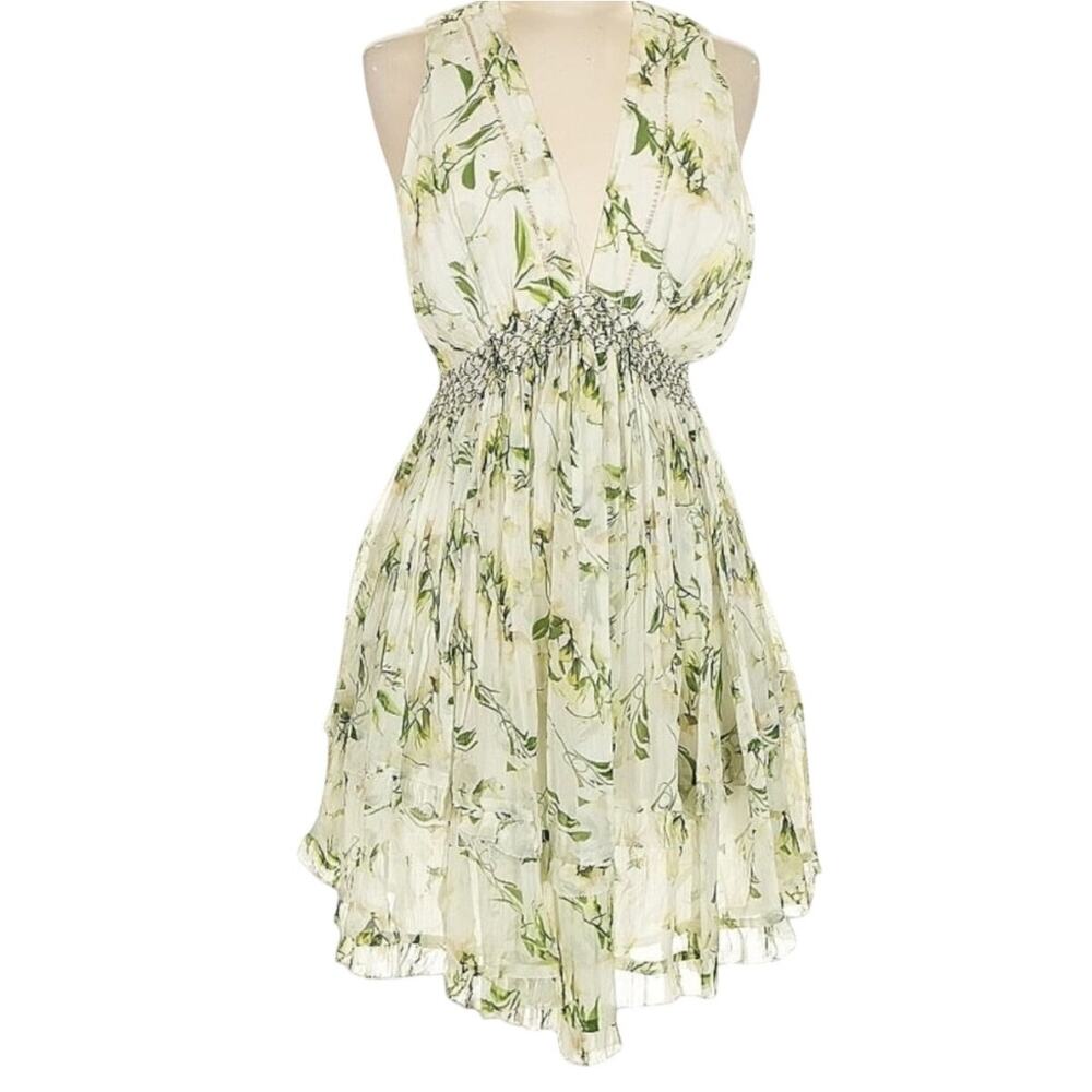 Karen Millen NWT ($350) | green, cream floral smocked beaded swing dress | US 8